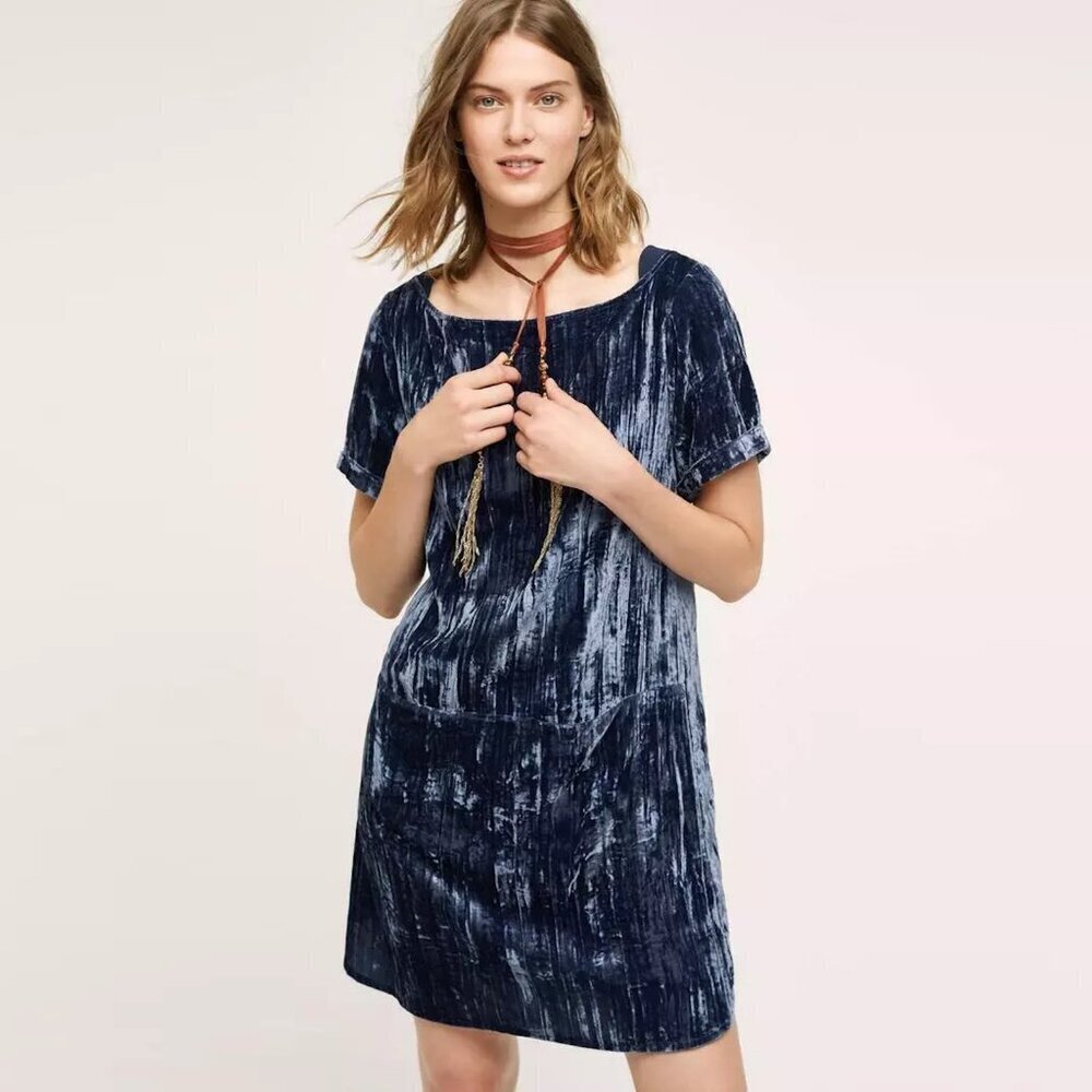Anthropologie Floreat Crushed Velvet Blue Tunic Dress Size XS